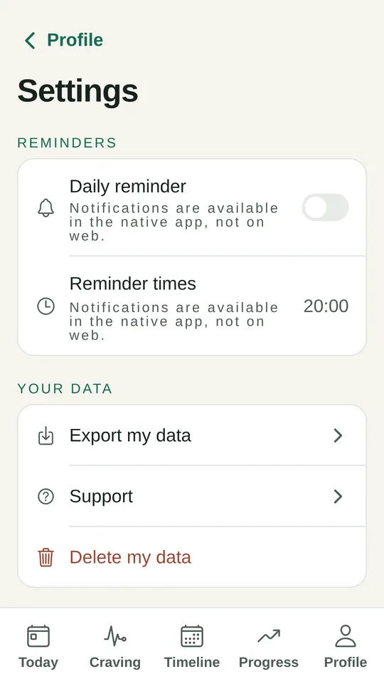 Settings screen with export my data and delete my data controls